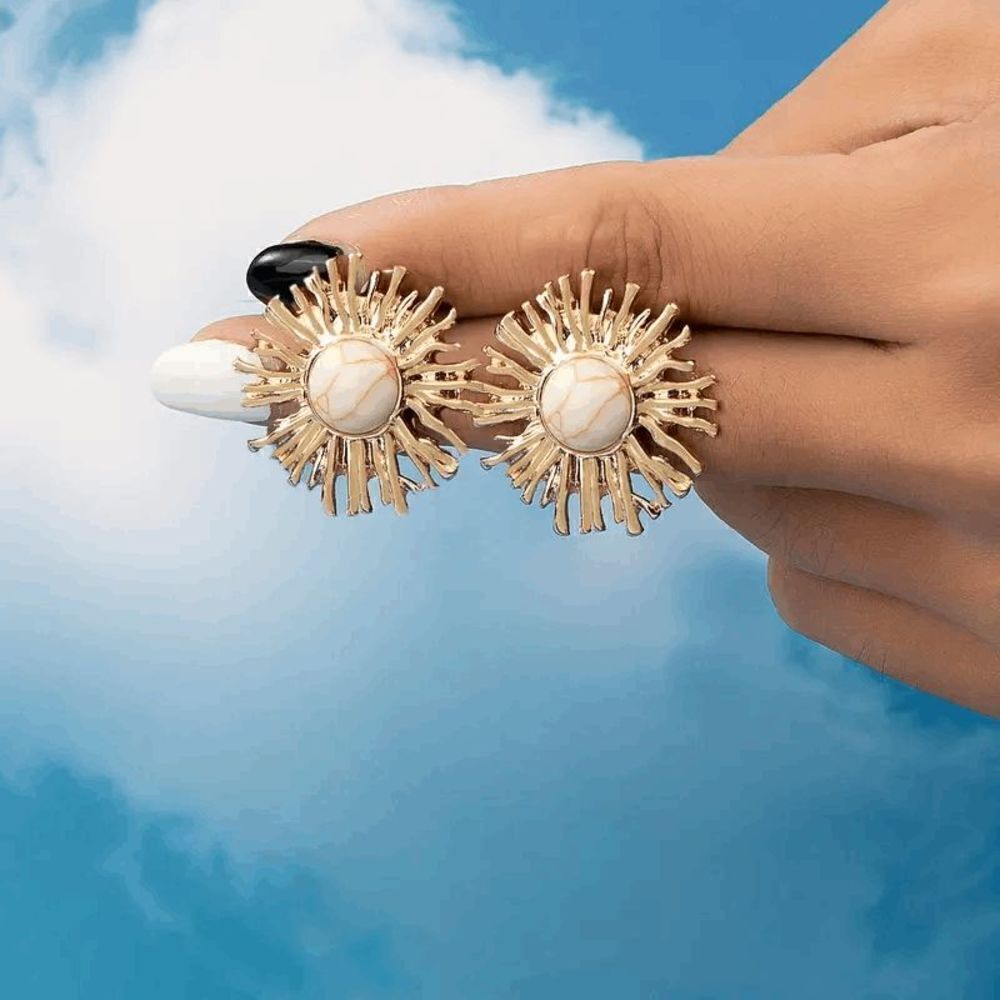 Golden Sun Flower Sun Shaped White Buffalo Turquoise Stud Earrings